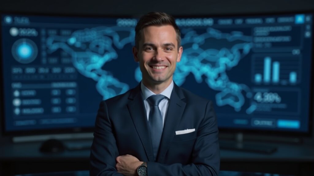 Newsroom portrait of a fund manager in a suit with Ethereum on screen, illustrating on-chain yield strategy.