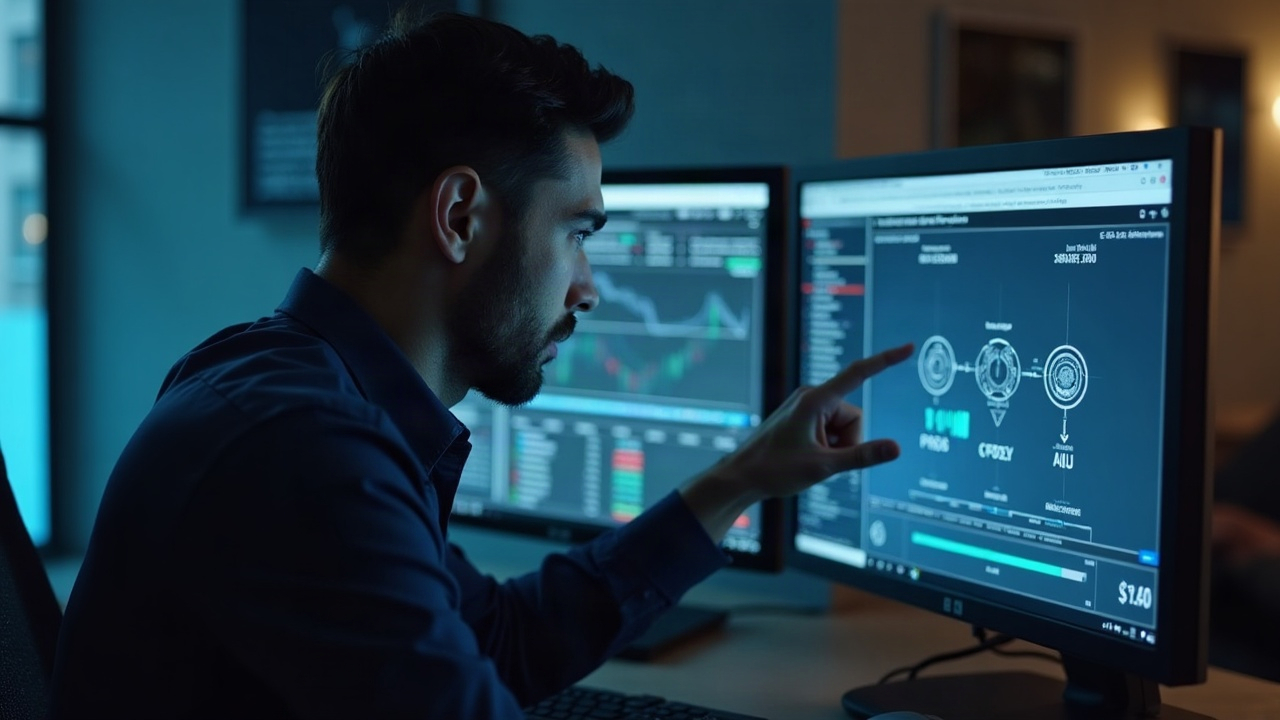 Finance professional reviews a USDY token graphic and Tempo network diagram, highlighting yield on idle capital.