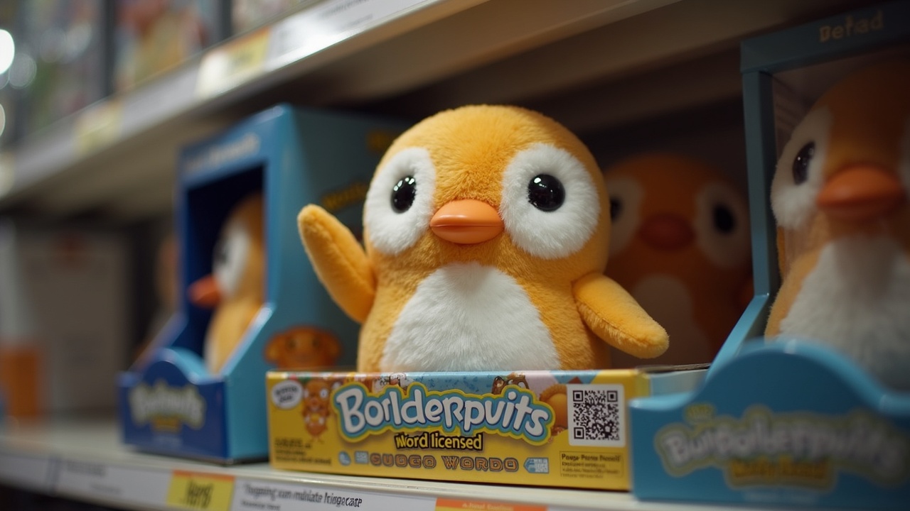 Pudgy Penguins toy on a retail shelf with licensed packaging and a visible QR code to Pudgy World.