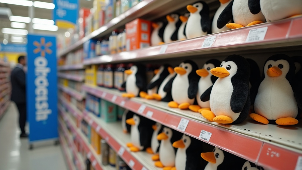 Editorial shot of Pudgy Penguins plush on a Walmart shelf with OverpassIP branding, signaling expanded licensing.