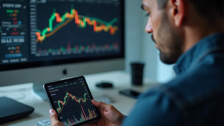 Professional editorial shot of a trader viewing the Pump.fun app on a tablet, with HyperEVM and USDC icons.