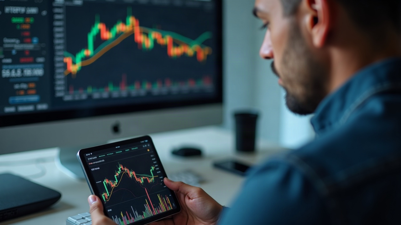 Professional editorial shot of a trader viewing the Pump.fun app on a tablet, with HyperEVM and USDC icons.