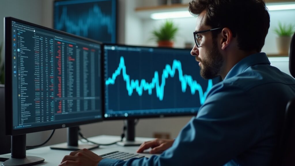Market analyst at a desk reviewing Satflow charts of Quantum Cats Ordinals sales near 0.007 BTC.