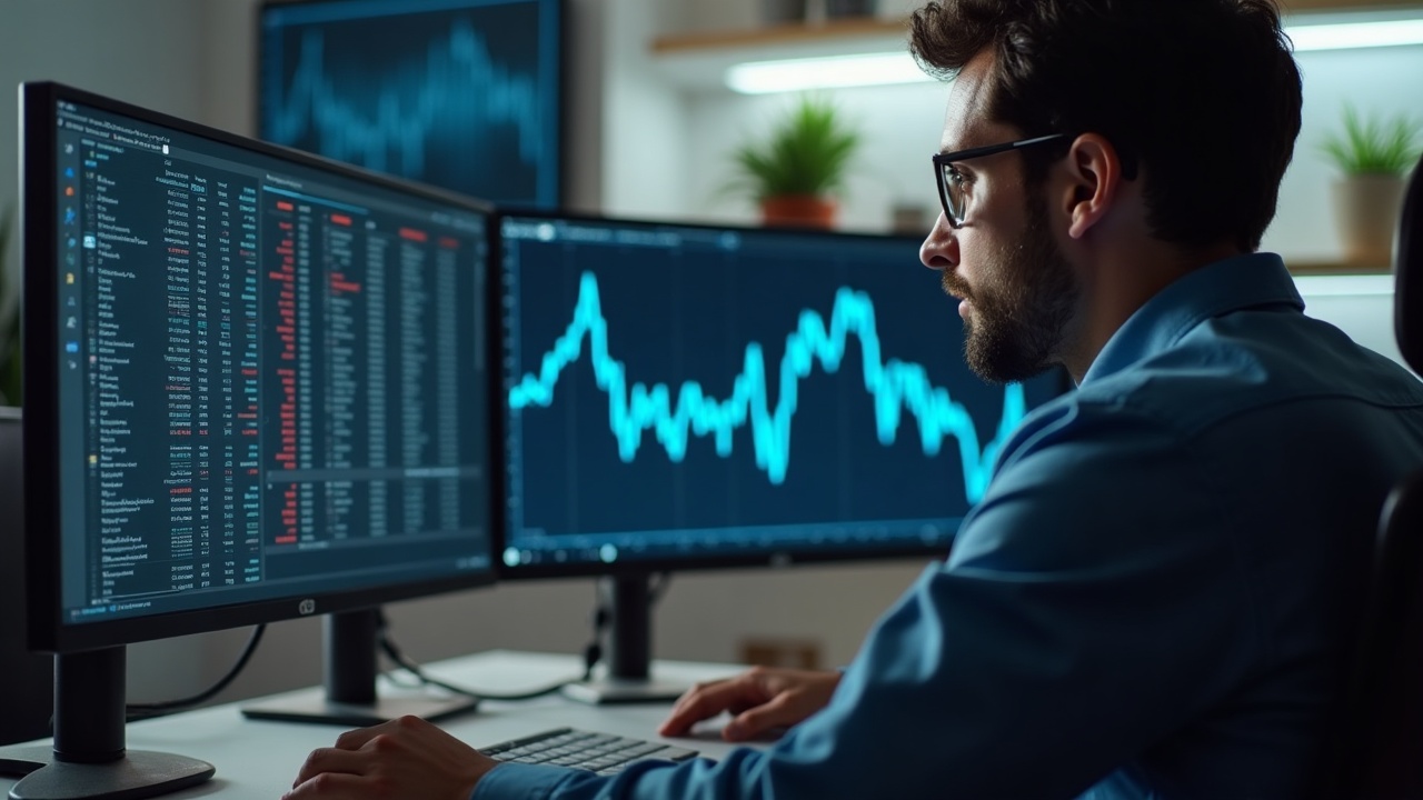 Market analyst at a desk reviewing Satflow charts of Quantum Cats Ordinals sales near 0.007 BTC.