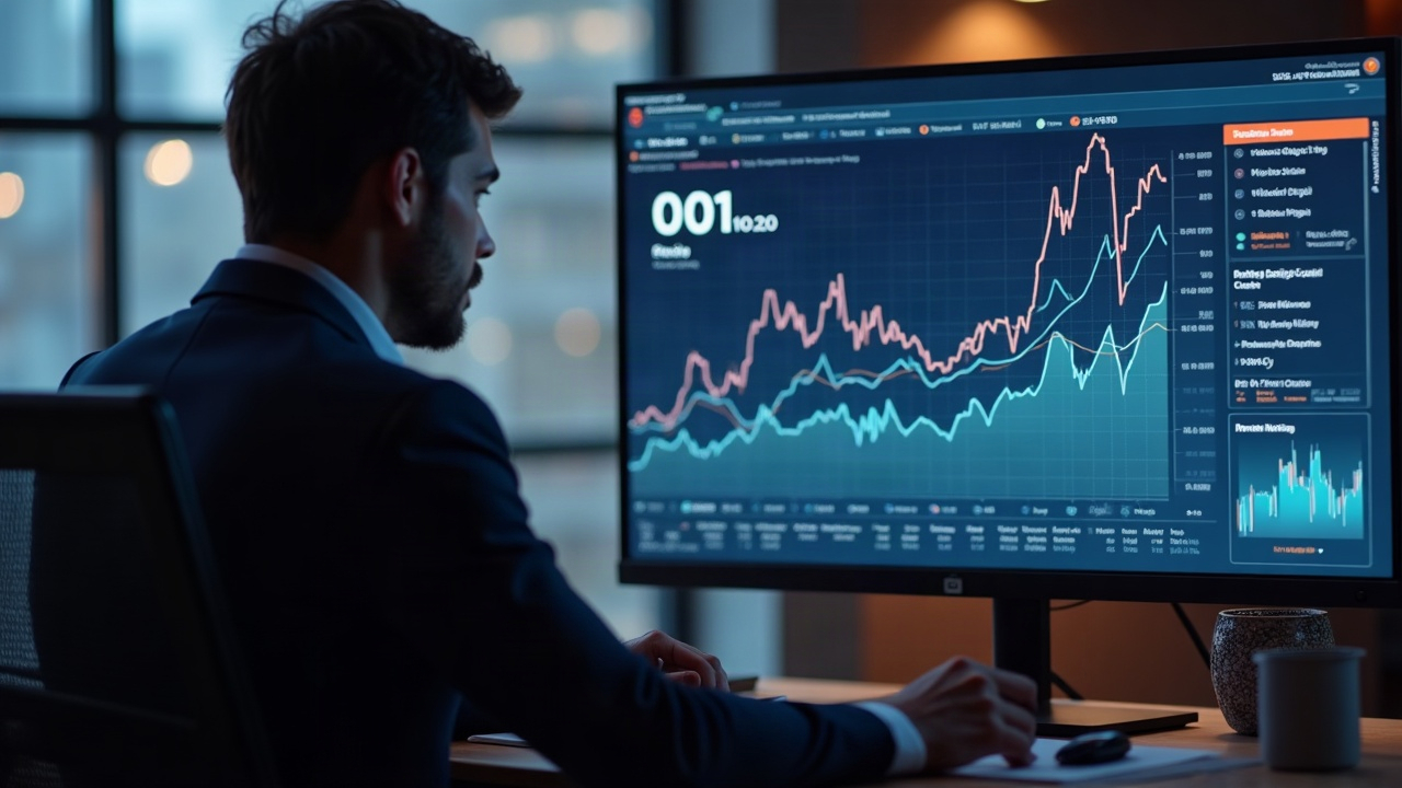 Journalist at desk with monitor showing Robinhood Chain NFT activity and Arbitrum motif
