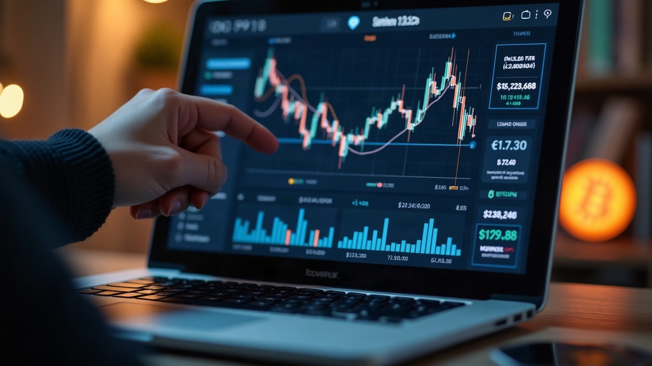 Editorial laptop view of Runestone NFT trades on Bitcoin Ordinals; a hand points to rising prices with Bitcoin logo in background.