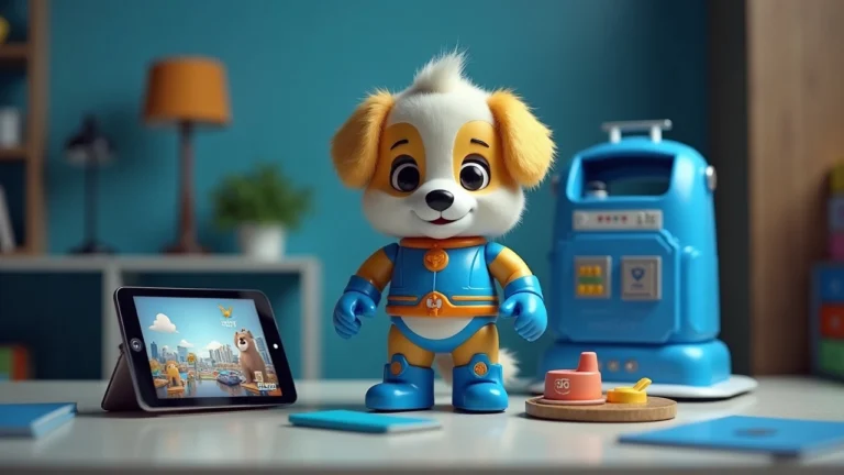SkyDog figure in a newsroom-style setting beside toy merchandise and a tablet displaying SkyTrek gameplay with a SKY emblem.