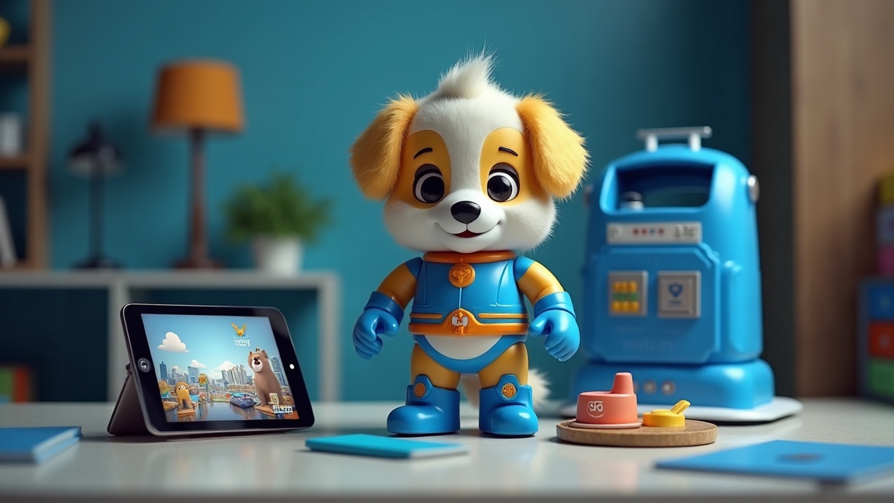 SkyDog figure in a newsroom-style setting beside toy merchandise and a tablet displaying SkyTrek gameplay with a SKY emblem.
