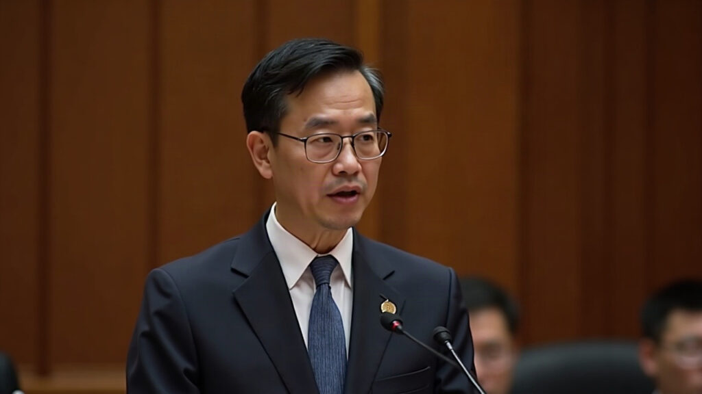 Editorial portrait of a Taiwanese legislator at a policy briefing on a national Bitcoin reserve, speaking at a podium.