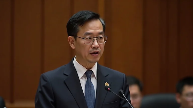 Editorial portrait of a Taiwanese legislator at a policy briefing on a national Bitcoin reserve, speaking at a podium.