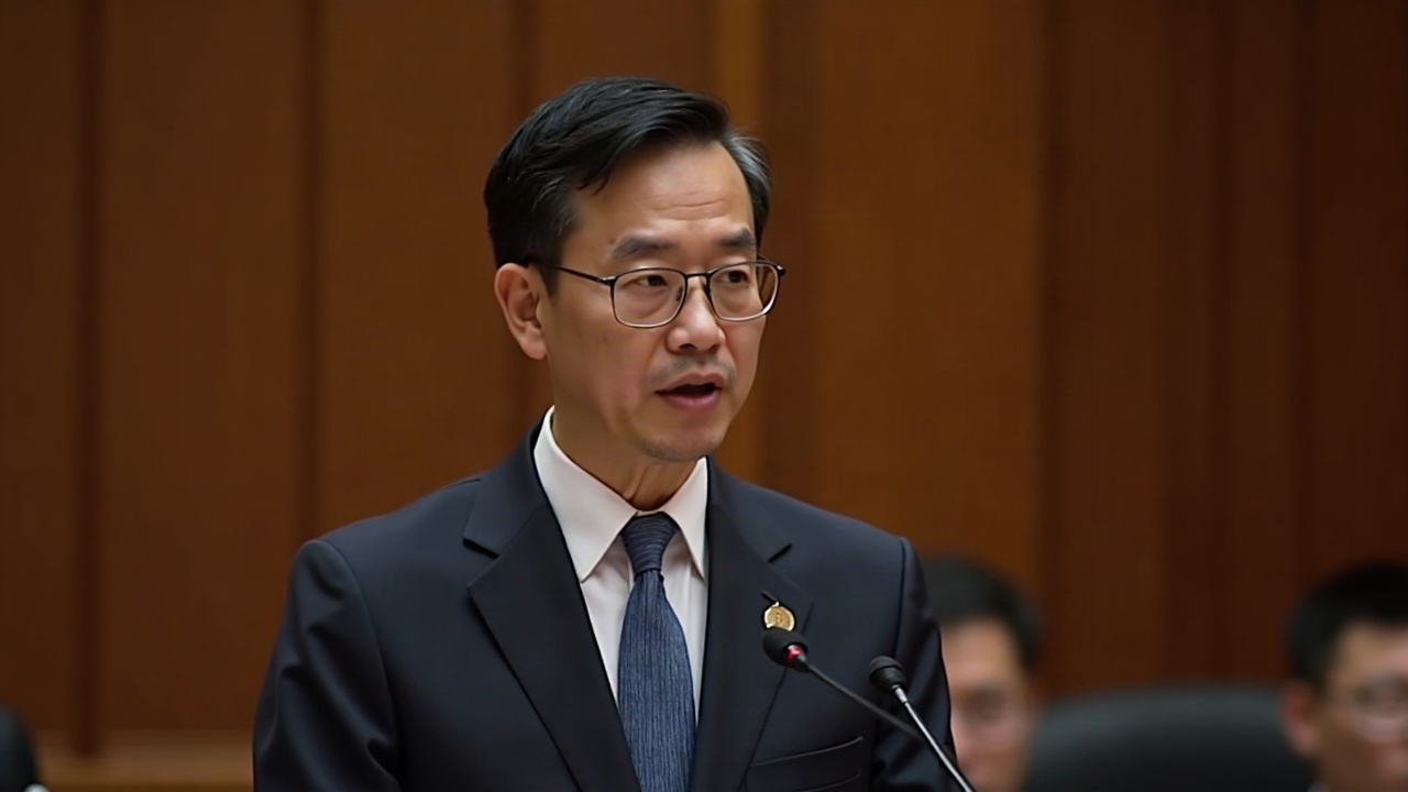 Editorial portrait of a Taiwanese legislator at a policy briefing on a national Bitcoin reserve, speaking at a podium.