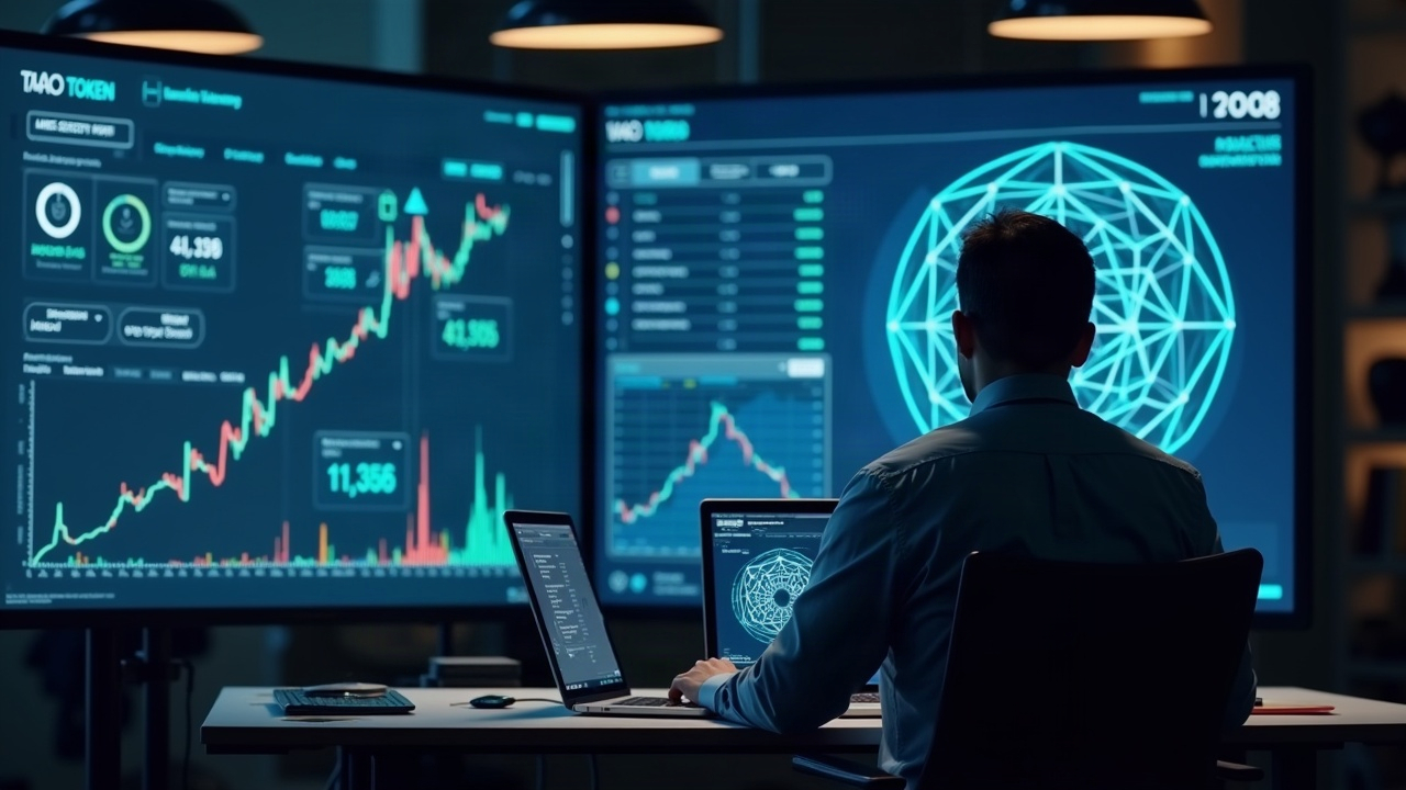 Analyst at desk with large screen displaying AI network diagrams and TAO token motif, illustrating AI sector rotation.