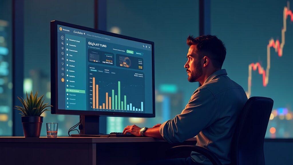 Editorial desk portrait of a person at a computer displaying the Ordinals Wallet dashboard, showing a TAP DMT-NAT sweep.
