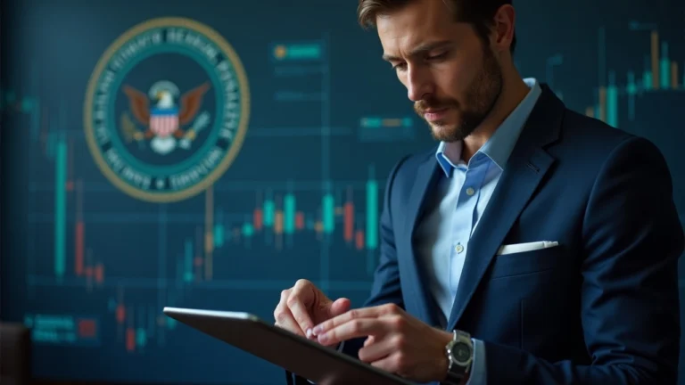 Editorial portrait of a suited professional examining a tablet showing tokenized U.S. Treasuries with a blockchain grid.
