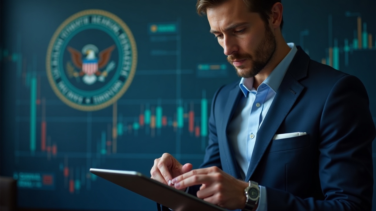 Editorial portrait of a suited professional examining a tablet showing tokenized U.S. Treasuries with a blockchain grid.