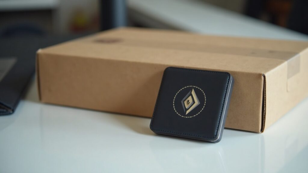 Editorial photo of a Trezor hardware wallet beside a sealed shipping box on a clean desk with neutral newsroom lighting.