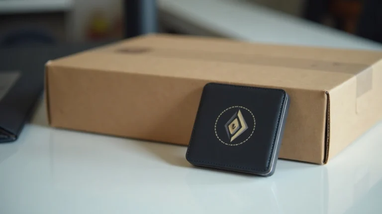 Editorial photo of a Trezor hardware wallet beside a sealed shipping box on a clean desk with neutral newsroom lighting.
