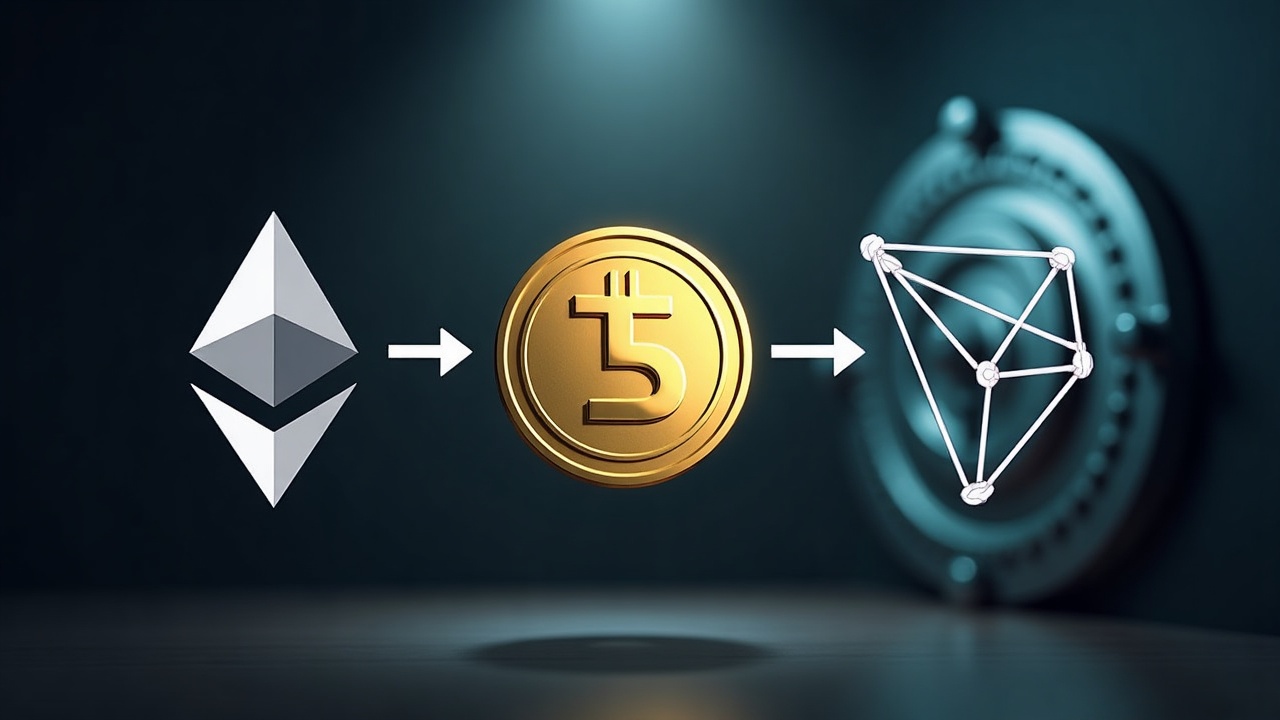 Editorial illustration of a USDT coin migrating from Ethereum to Tron logos with arrows, set against a treasury vault.