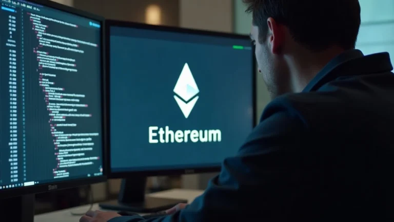 Security analyst at desk reviews Solidity code on monitor with Ethereum logo and warning badge