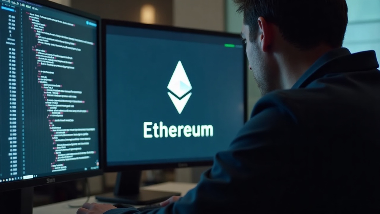 Security analyst at desk reviews Solidity code on monitor with Ethereum logo and warning badge