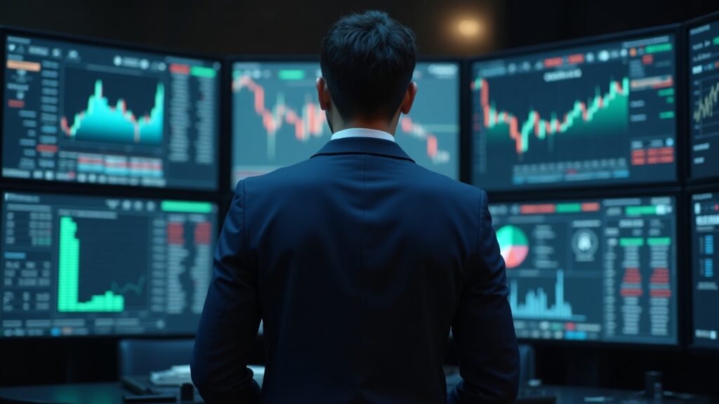 Professional trader in a suit in a modern trading room with multiple screens displaying stock tickers and crypto symbols