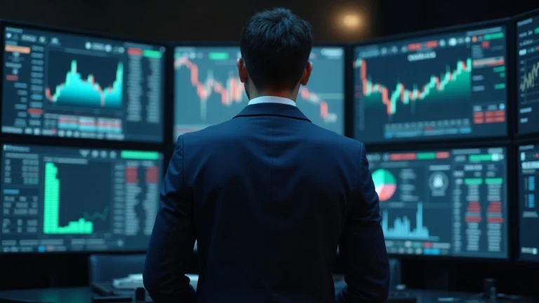Professional trader in a suit in a modern trading room with multiple screens displaying stock tickers and crypto symbols