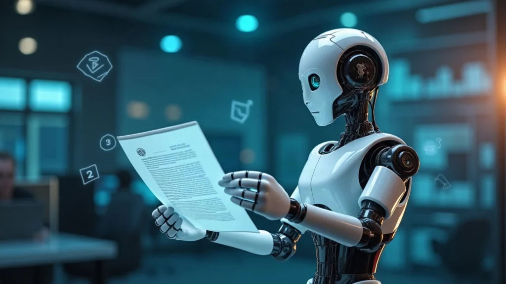Professional robot holding a licensing document with subtle 3D mesh outlines and blockchain motifs in a newsroom.