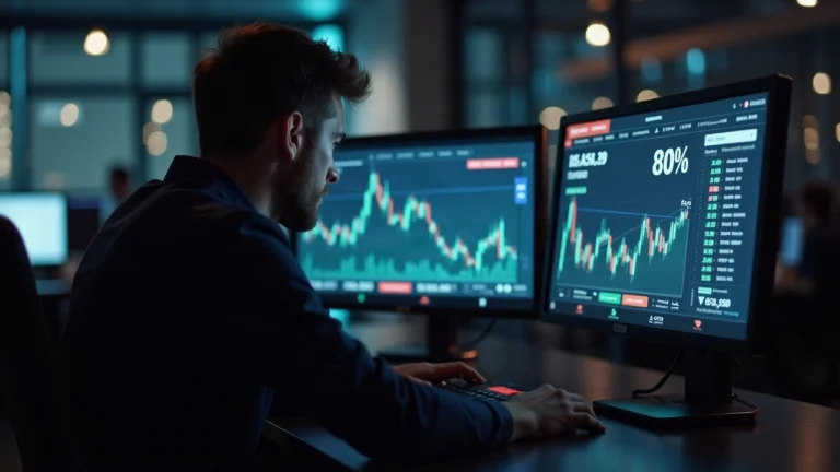 Editorial shot of a trader at a desk with dual monitors showing U.S. stocks on Base, highlighting Aerodrome's 81% share.