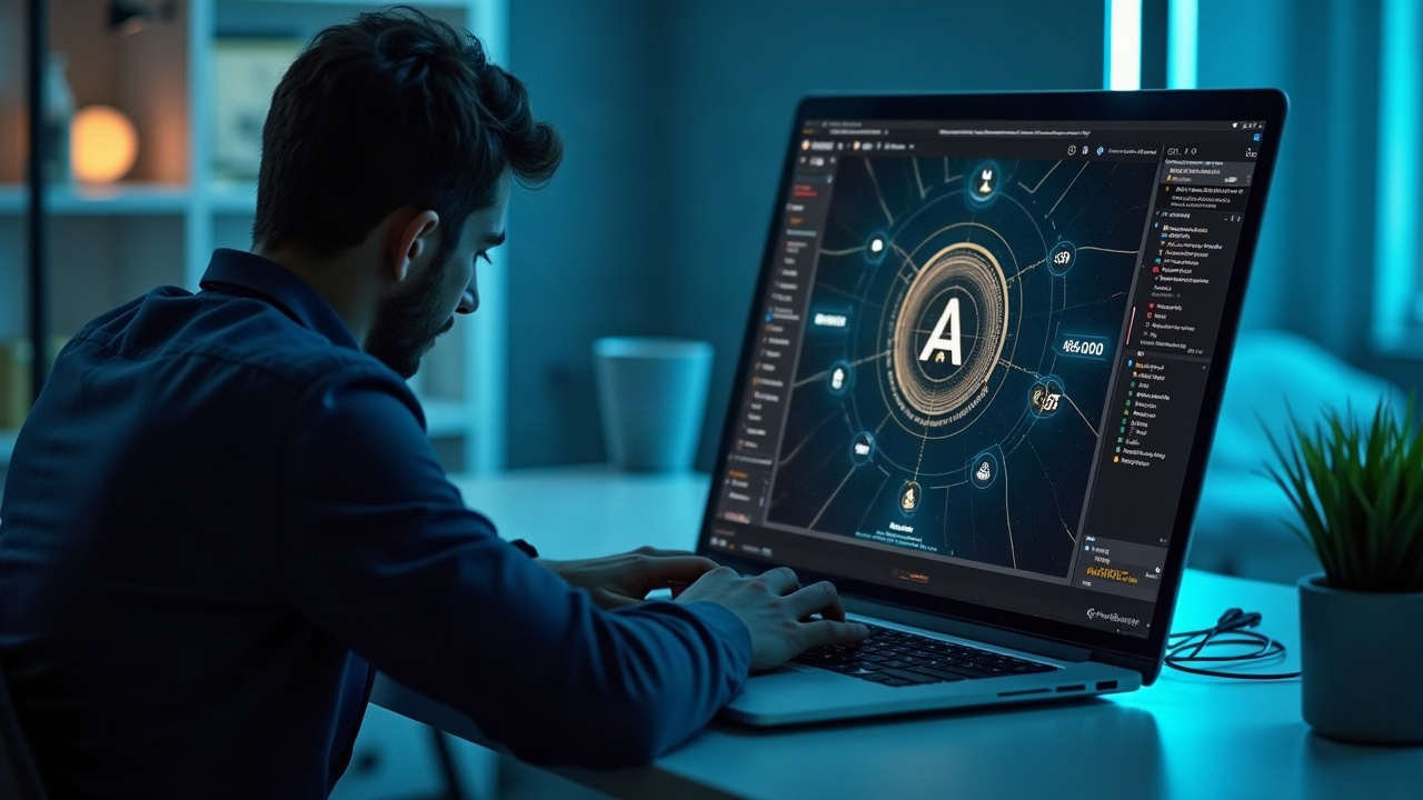 Editorial photo of a developer at a desk, laptop displaying Algorand and USDC with microtransactions.
