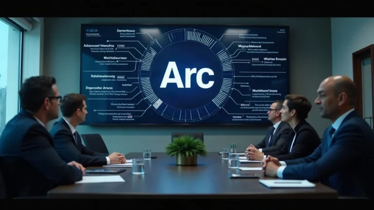 Editorial boardroom with Arc ledger display labeled USDC, flanked by BlackRock, DTCC, Visa and Mastercard.