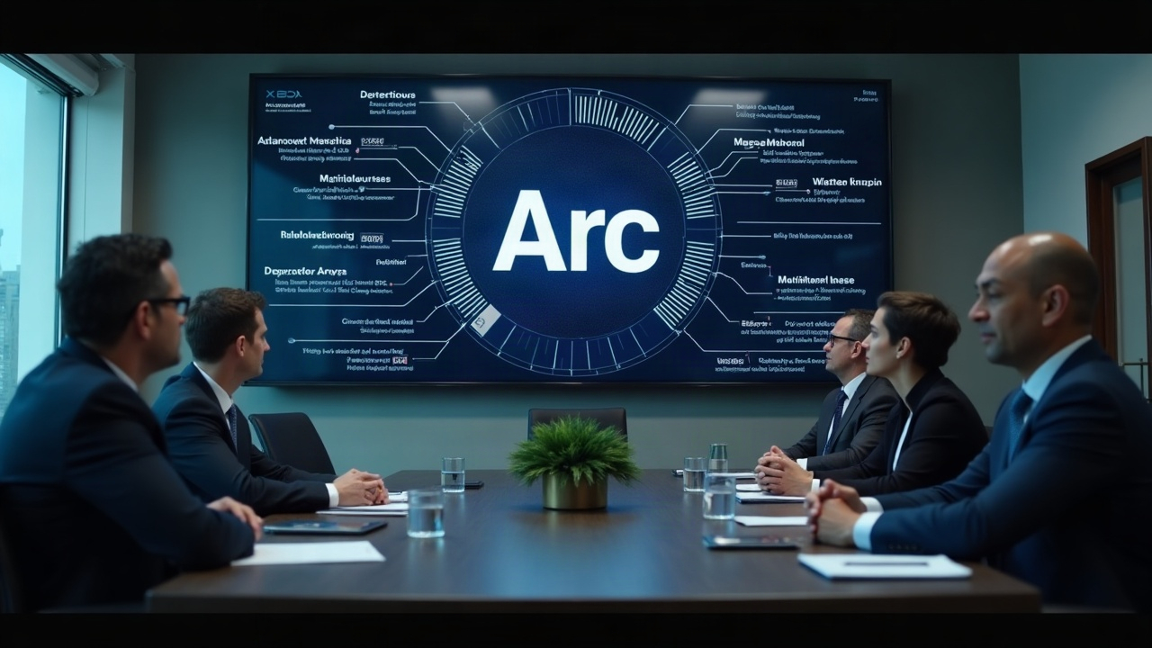Editorial boardroom with Arc ledger display labeled USDC, flanked by BlackRock, DTCC, Visa and Mastercard.