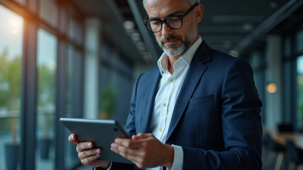 Senior analyst in a suit reviews a tablet displaying a blockchain ownership ledger for tokenized venture fund shares.