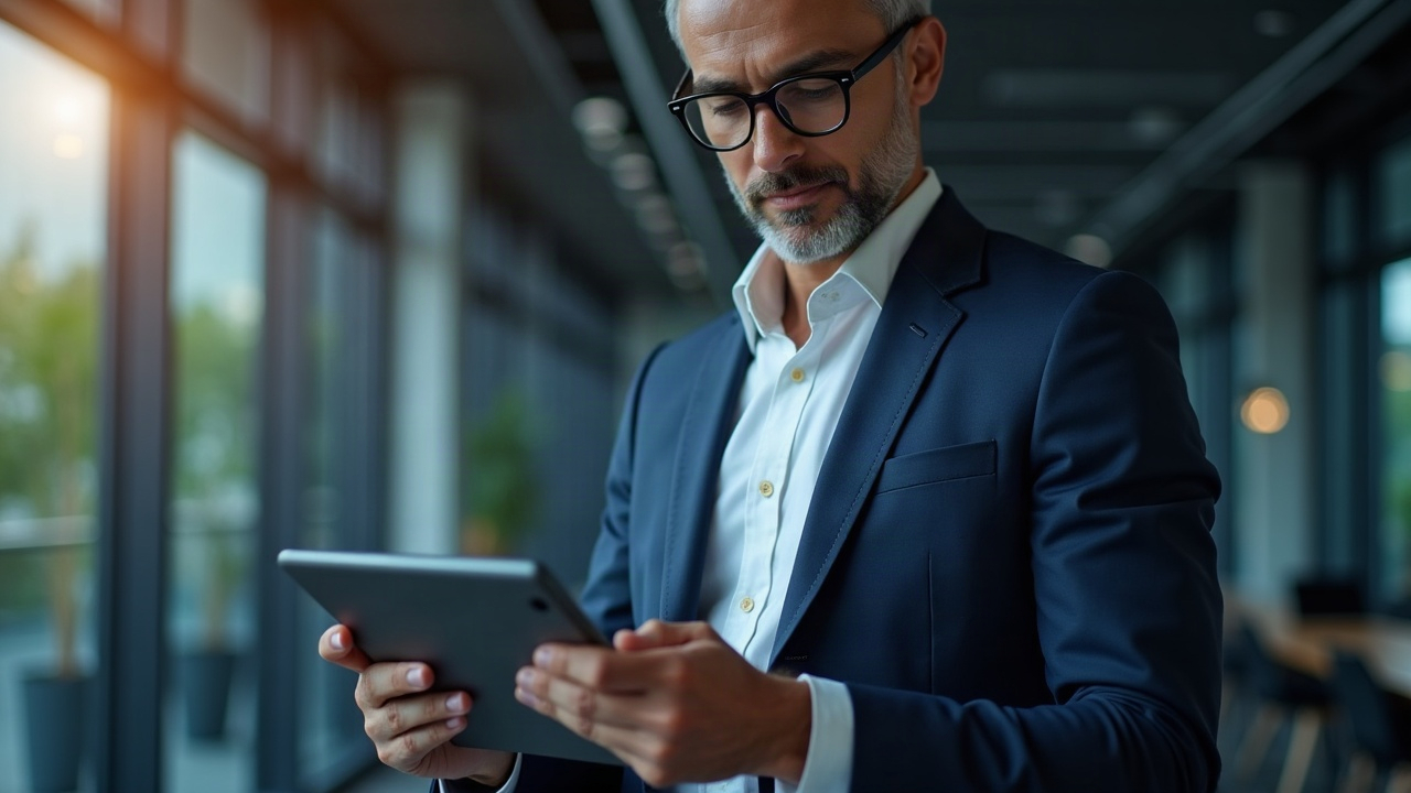 Senior analyst in a suit reviews a tablet displaying a blockchain ownership ledger for tokenized venture fund shares.