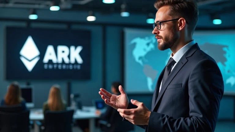 Editorial portrait of a finance professional presenting a tokenized ARKVX fund on Ethereum with ARK Invest and Securitize branding.