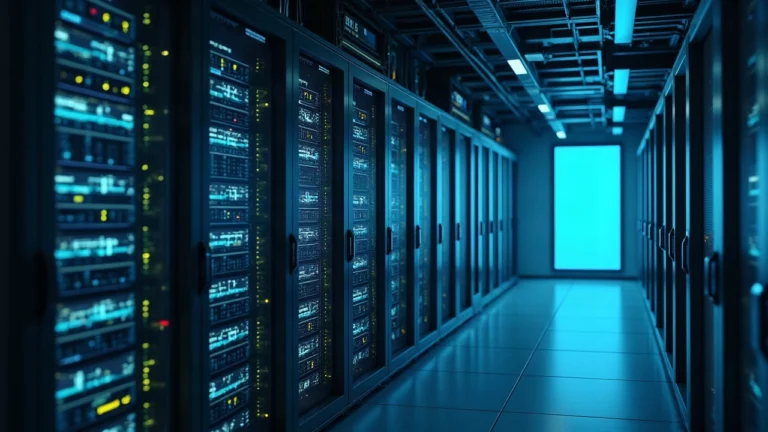 Data center gateway labeled Bifrost with server racks and monitors showing AI request routing and privacy controls.