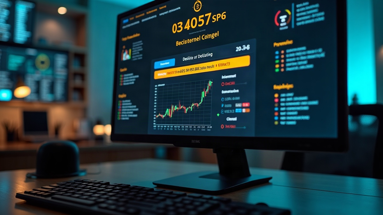 Calm newsroom desk with Binance banner, monitor shows a delisting notice and logos for SUI, AVAX and LINK.