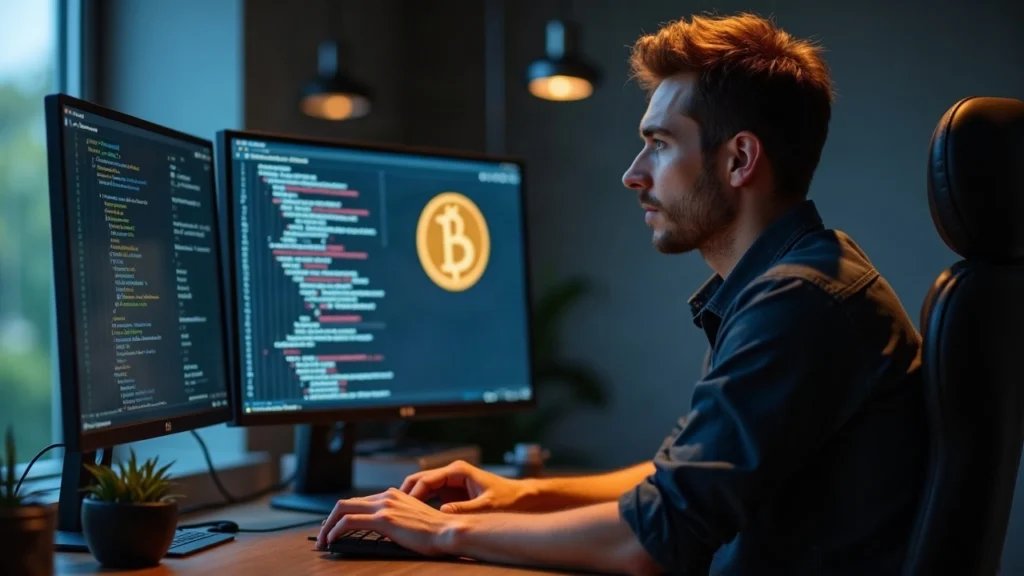 Newsroom-style portrait of a Bitcoin Core developer at a desk reviewing v32.0rc1 code on screen under calm lighting