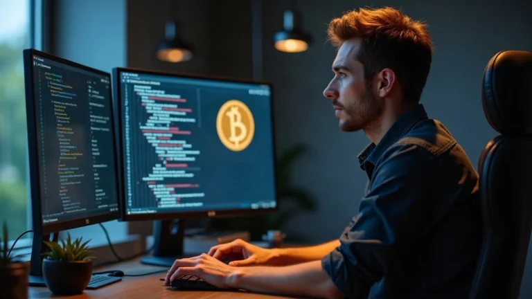 Newsroom-style portrait of a Bitcoin Core developer at a desk reviewing v32.0rc1 code on screen under calm lighting