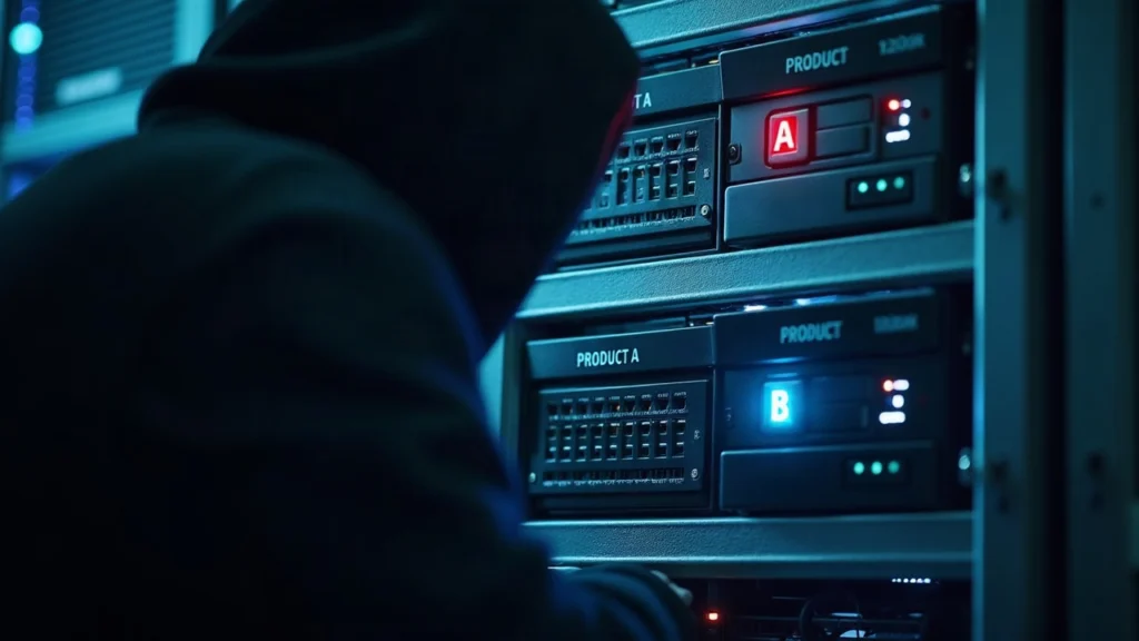 Data center rack with two security appliances labeled Product A and B, a shadowy hacker nearby, and digital code trails.