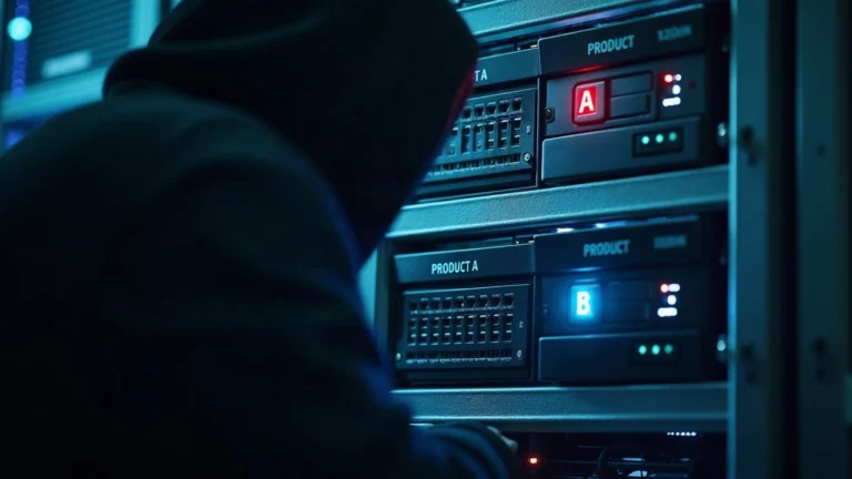 Data center rack with two security appliances labeled Product A and B, a shadowy hacker nearby, and digital code trails.