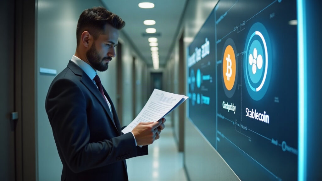Suited executive reviews custody documents in a bank corridor with bitcoin and stablecoin icons on a wall display