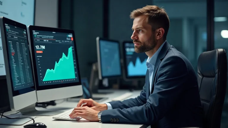 Newsroom portrait of a focused analyst at a desk, monitor displays BNB Chain NFT volume 32.7M and +1000% growth.