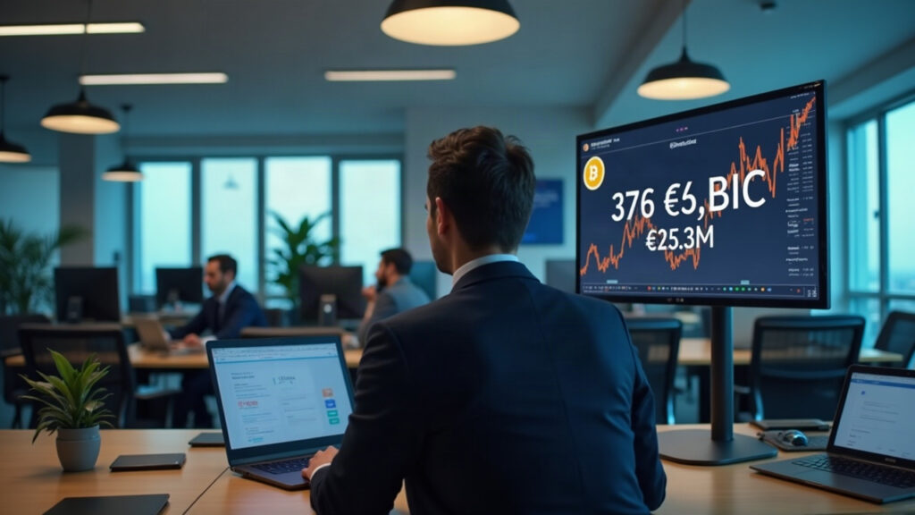 Editorial portrait of a European finance executive in a modern office; monitor shows 376 BTC and €25.3M.