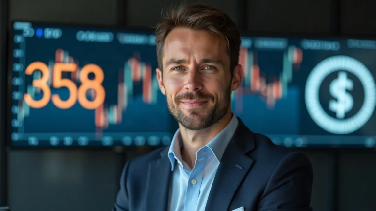 Editorial portrait of a Paris-listed Bitcoin treasury executive in a modern office with a 3538 BTC display.