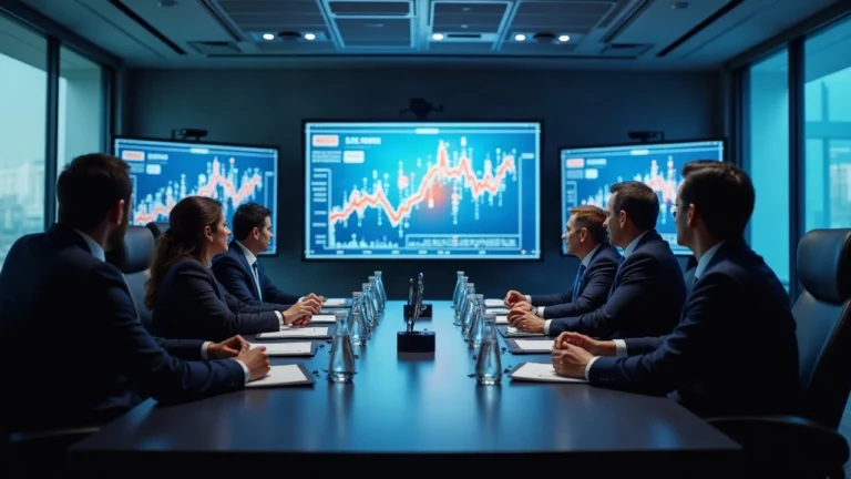Formal Centrifuge governance meeting in a modern boardroom with screens showing tokenized equity and regulatory notes