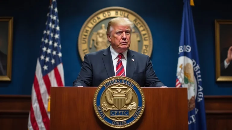 Editorial shot of a stern regulator at a podium with the CFTC seal, briefing on crypto market rules.