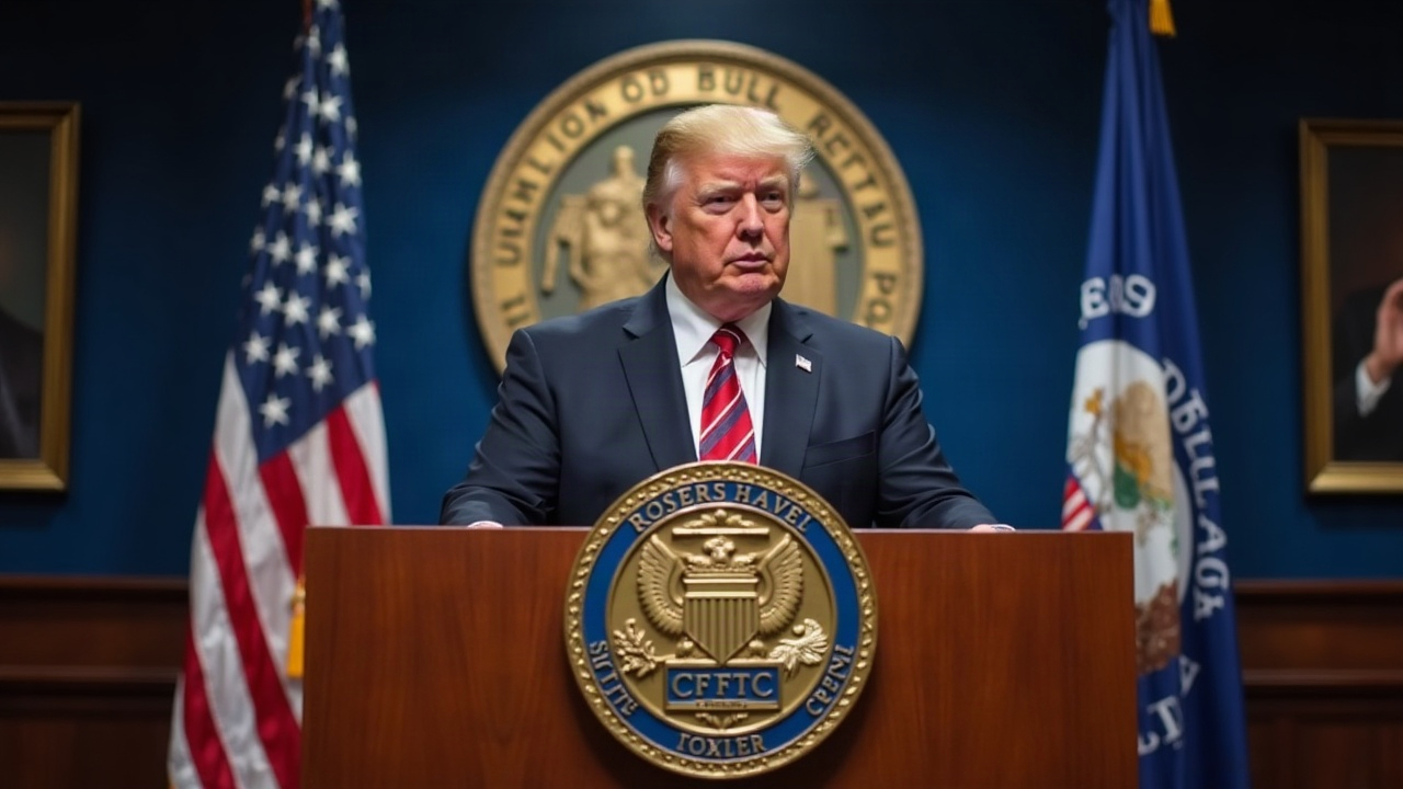 Editorial shot of a stern regulator at a podium with the CFTC seal, briefing on crypto market rules.