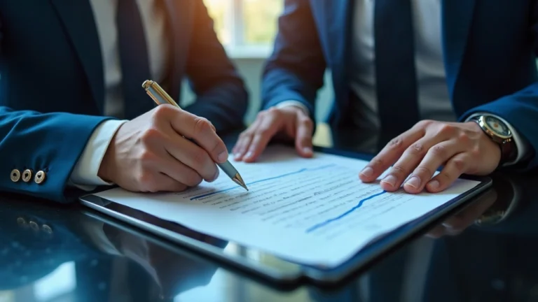 Regulator and trader review tokenized collateral documents beside a tablet showing a blockchain ledger.