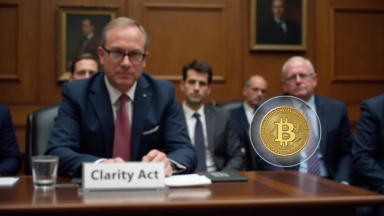 Photo of the U.S. Senate chamber with a desk, overlaid digital asset coin, and a paused vote board labeled Clarity Act.