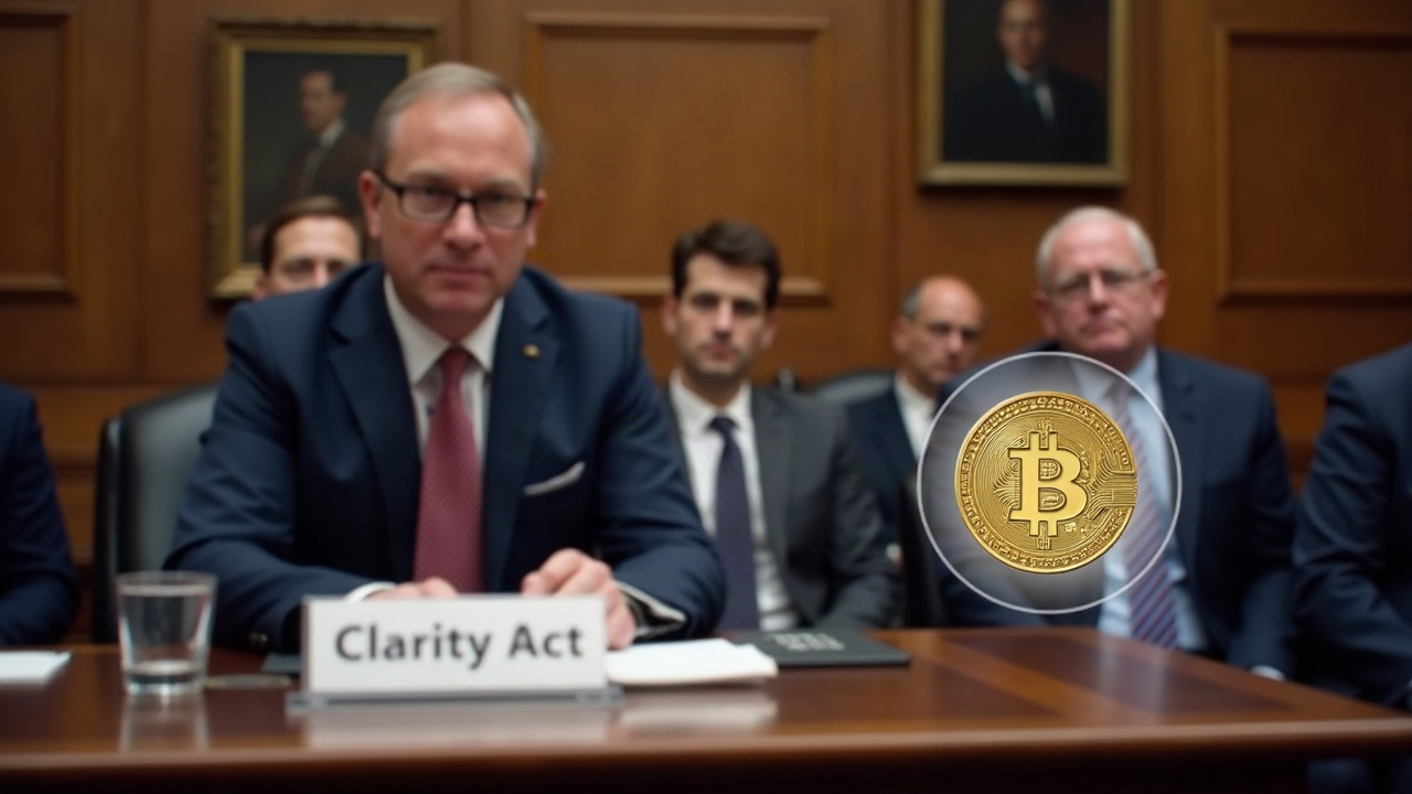 Photo of the U.S. Senate chamber with a desk, overlaid digital asset coin, and a paused vote board labeled Clarity Act.
